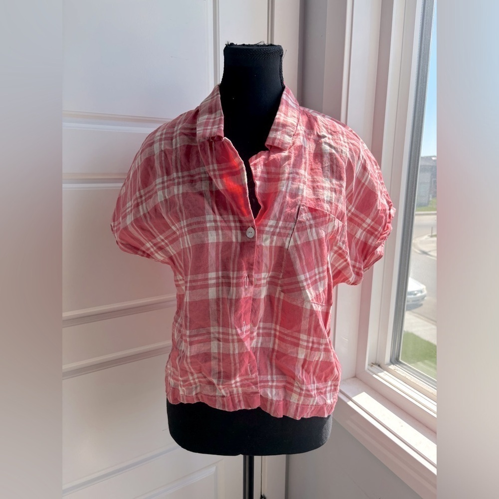 Wilfred Free Aritzia Pink Cream Plaid Dolman Sleeve 100% Linen Blouse Si…​​